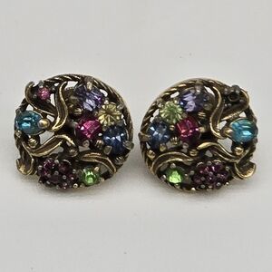HOLLY CRAFT Gold-Tone Multi-Colored Pastel Rhinestones Screw-Back Earrings 1950s